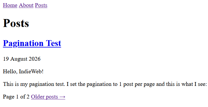 Screenshot showing the pagination test
